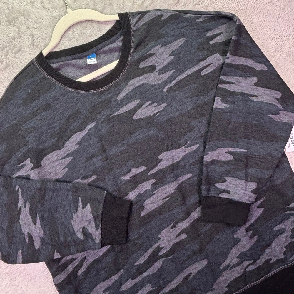 NWT Old Navy Women Sweatshirt XL Gray Camo Oversized Tunic Pullover Side Slit‎